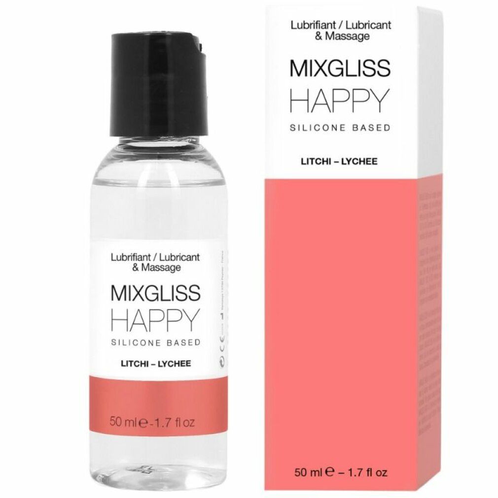 Transparente Flasche mit schwarzem Deckel und Verpackung. Aufschrift: Mixgliss Happy, Litchi. 50 ml.