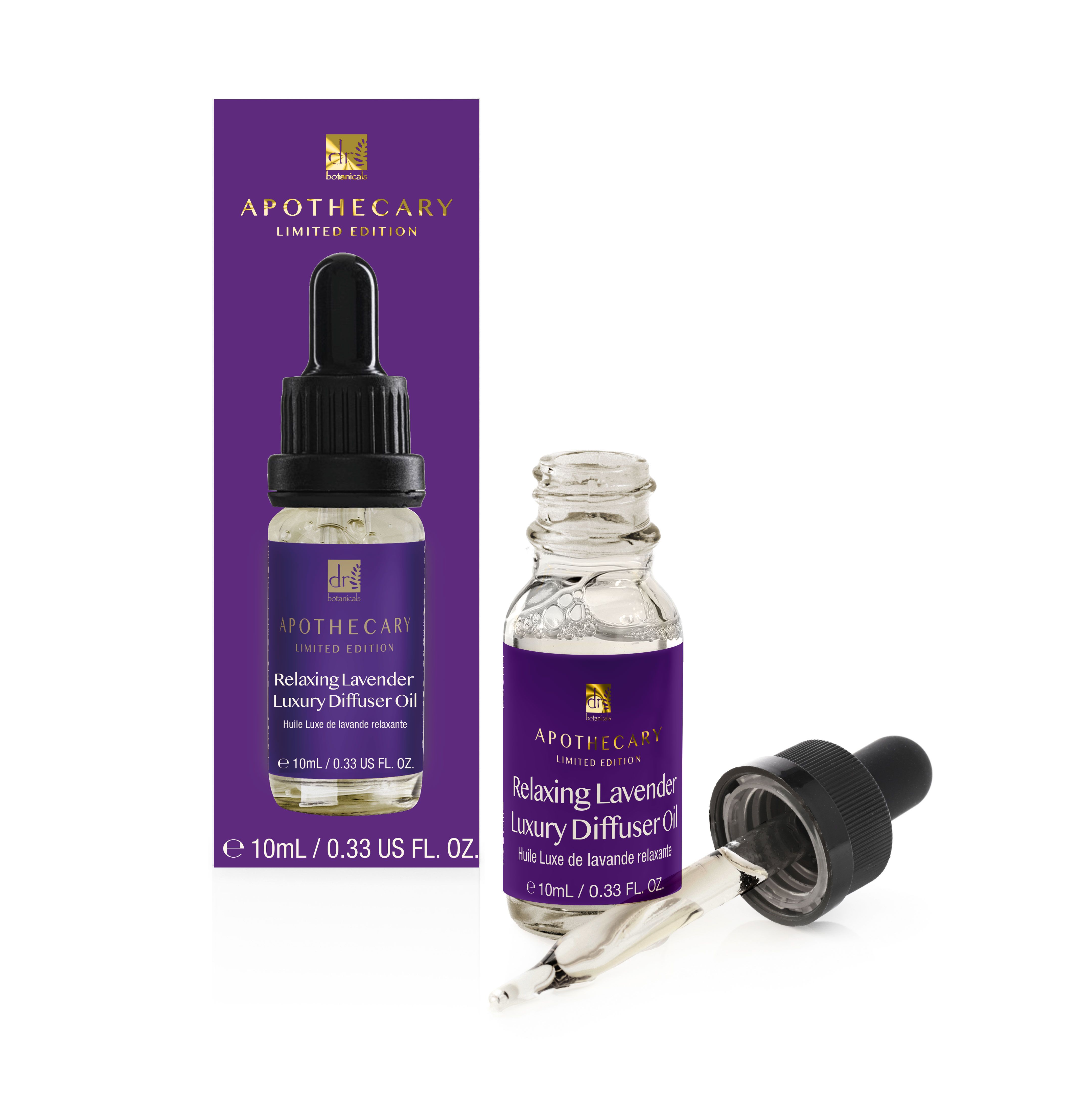 Glasflasche mit Pipette und Lavendelöl. Aufschrift: Apothecary, Relaxing Lavender Luxury Diffuser Oil.