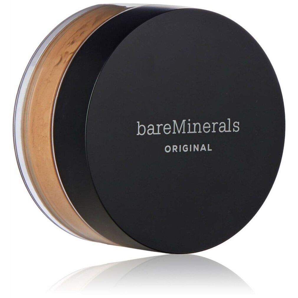 Runder, transparenter Behälter mit schwarzem Deckel. Auf dem Deckel steht "bareMinerals ORIGINAL". Das Produkt ist ein loses Puder in einem hellbraunen Farbton.