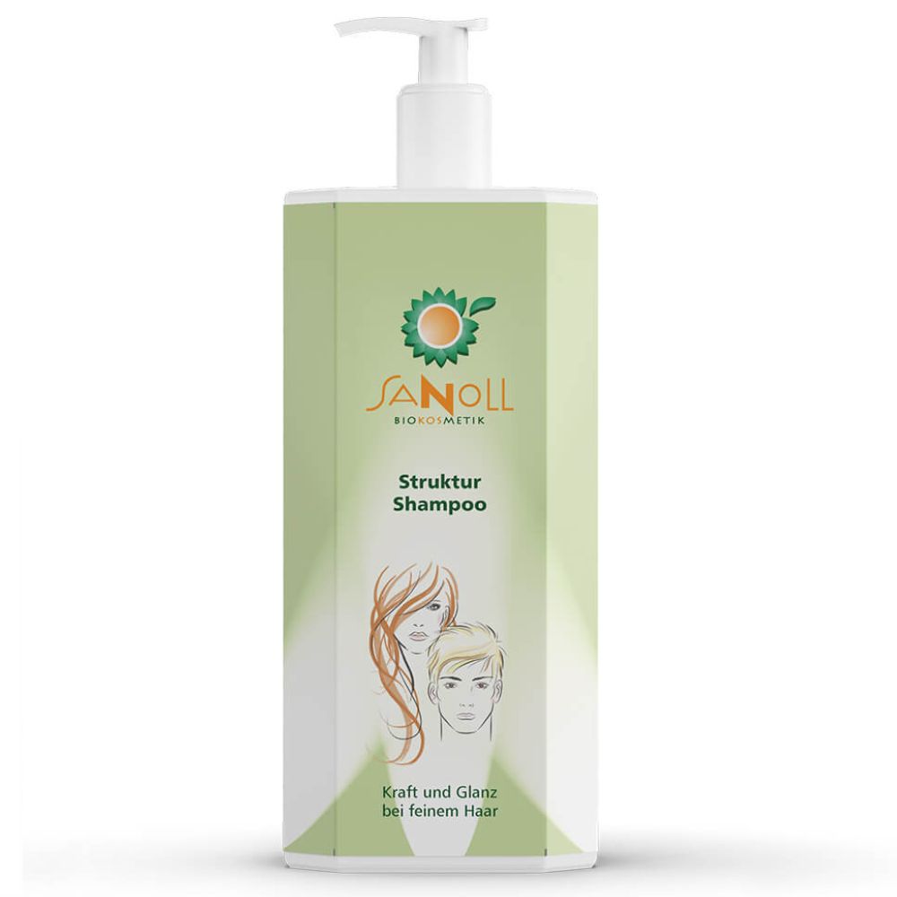 Grüne Flasche mit weißem Pumpkopf. Aufschrift: Sanoll Biokosmetik Struktur Shampoo. Illustration von Frau und Mann mit Haaren.