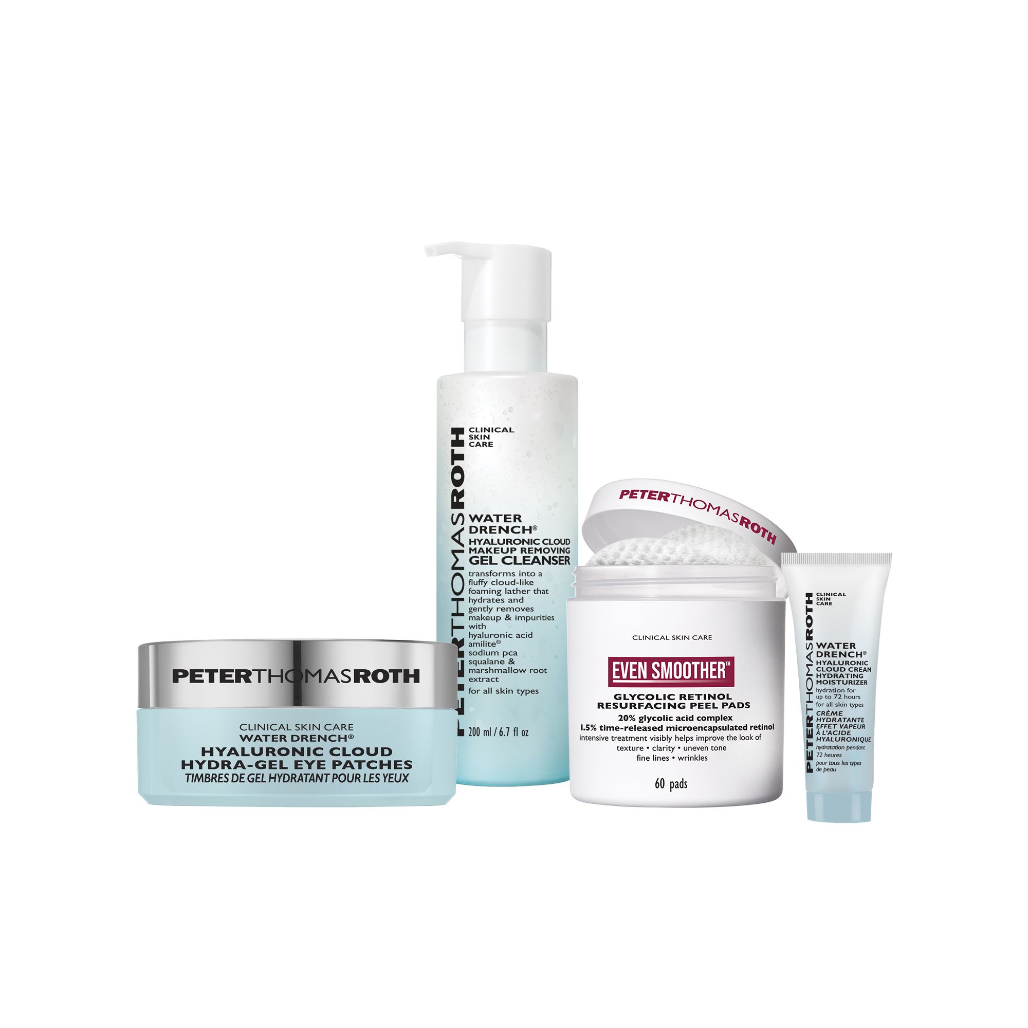 Set von Peter Thomas Roth. Enthält: Augenpatches, Reiniger, Peel Pads und Feuchtigkeitspflege. Alle Produkte sind weiß und hellblau.