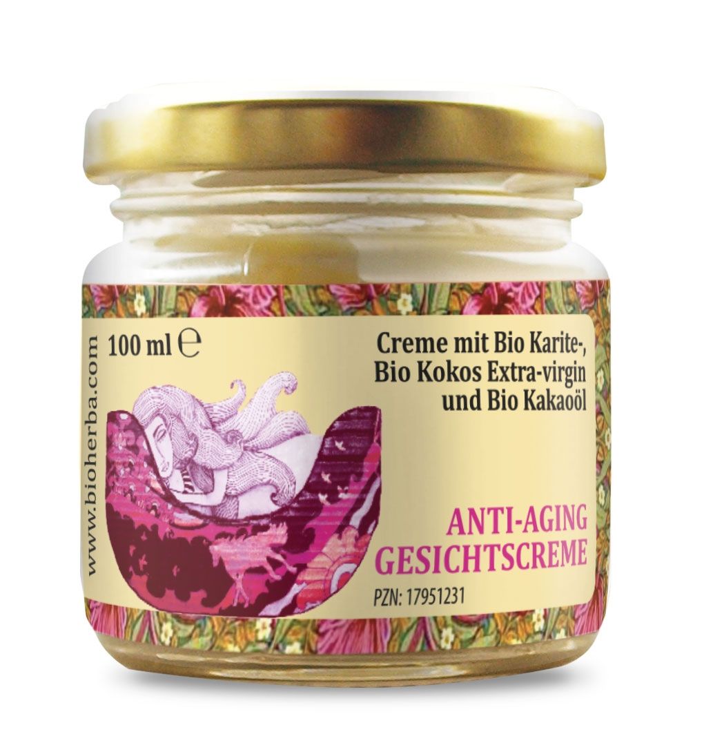 Glas mit goldfarbenem Deckel. Etikett mit Produktname, Illustration und Text. 100 ml.