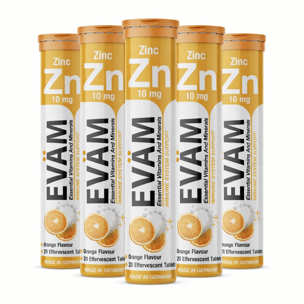 Fünf Zink-Brausetabletten-Tuben mit Aufschrift EVÄM, Zn 10 mg. Orangefarbenes Design. 20 Brausetabletten, Orange Geschmack.