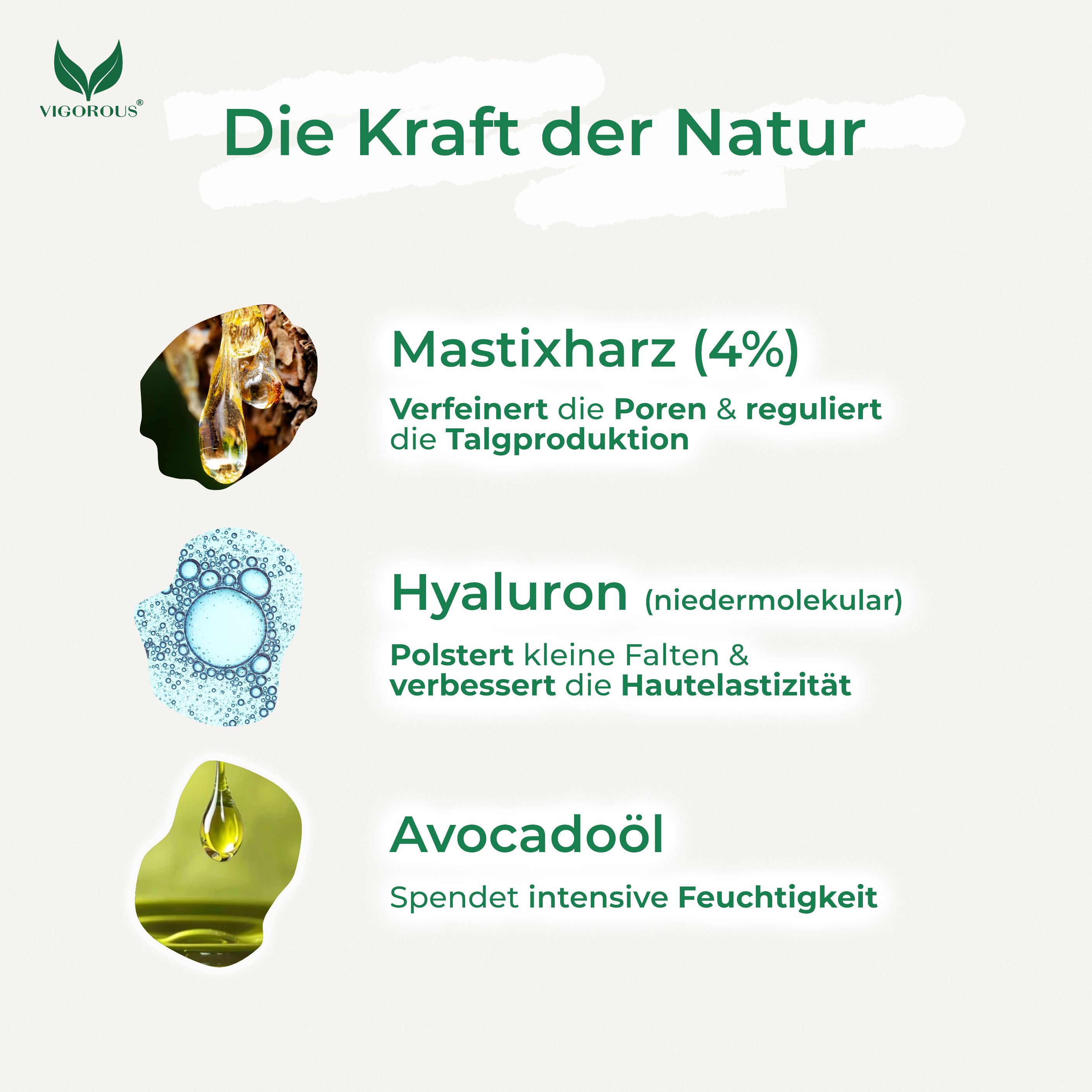 Inhaltsstoffe: Mastixharz (4%), Hyaluron, Avocadoöl. Logo VIGOROUS.