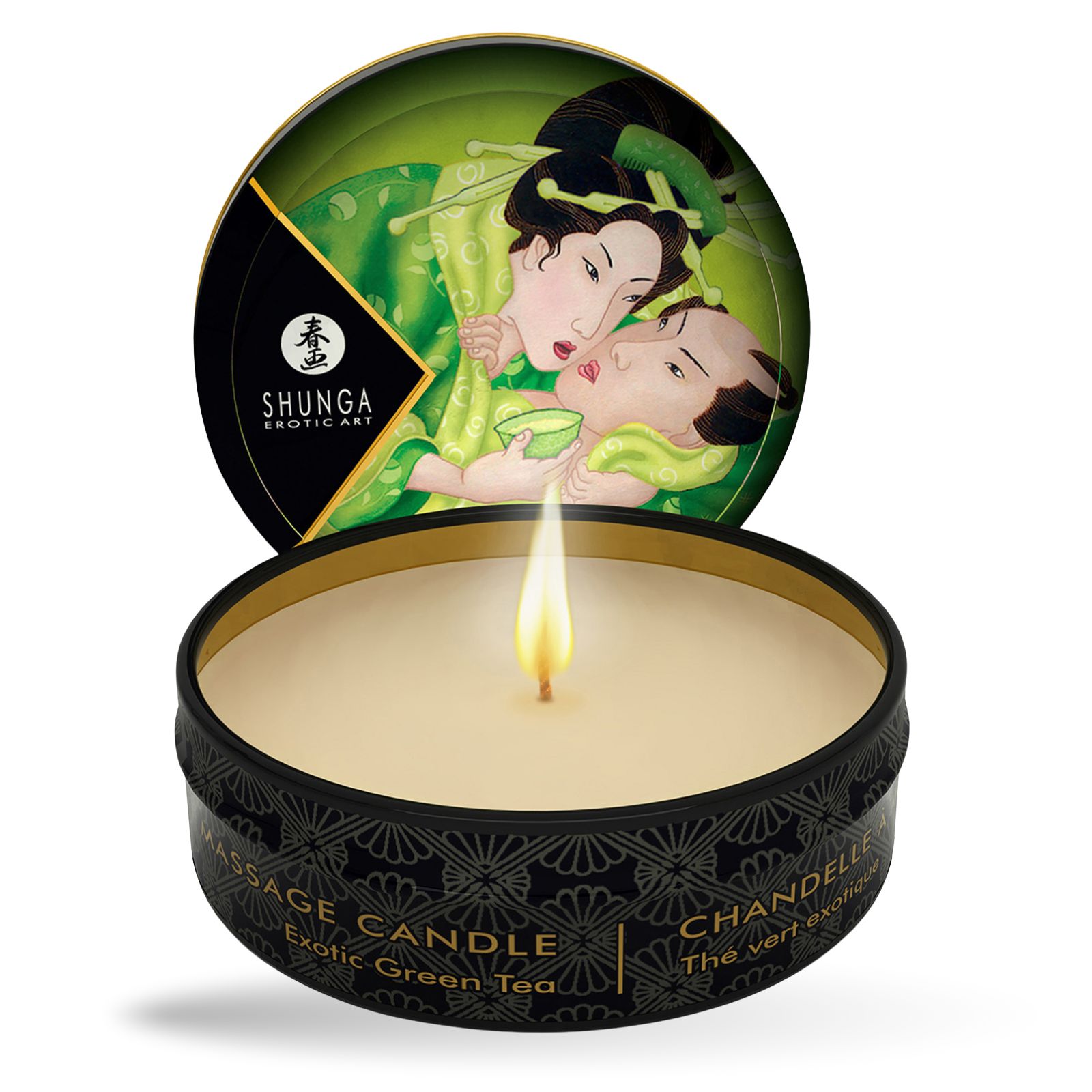 Runde Dose mit Massagekerze. Deckel mit Illustration. Kerze mit Flamme. Text: Massage Candle, Exotic Green Tea, Chandelle.