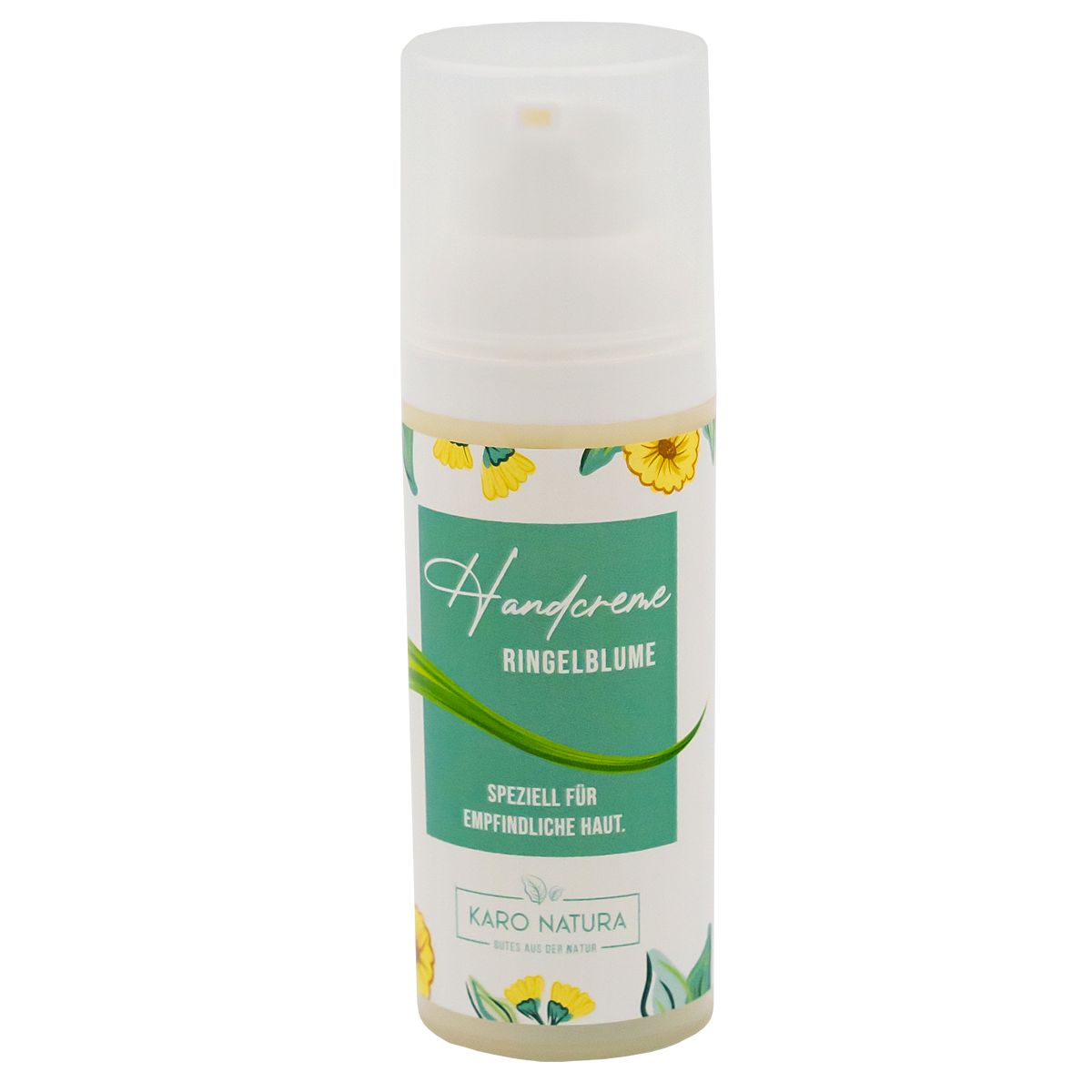 Weiße Handcreme-Flasche mit grünem Etikett. Aufschrift: Handcreme Ringelblume, speziell für empfindliche Haut. Marke: Karo Natura.
