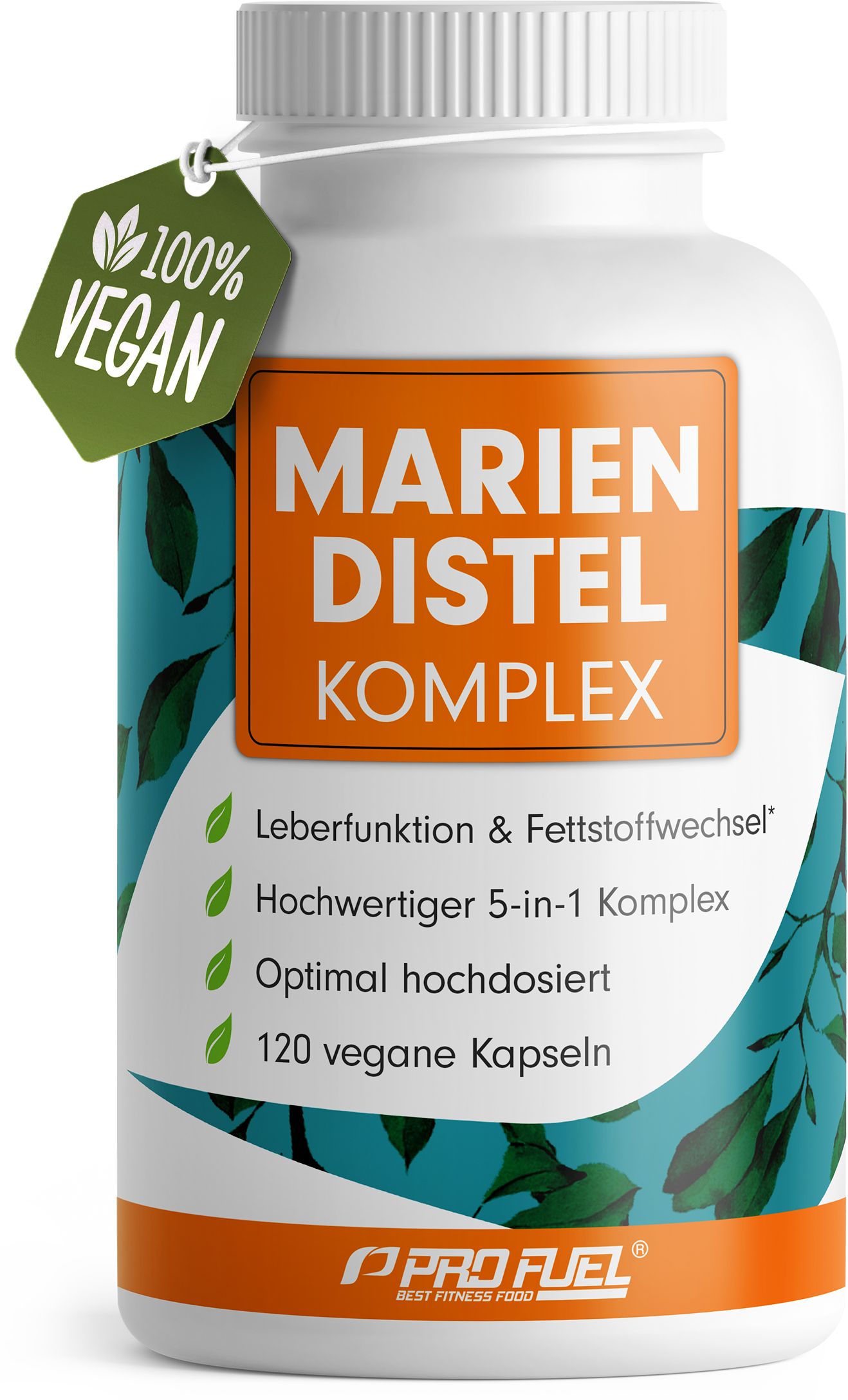 Weiße Flasche mit Mariendistel Komplex Kapseln. Grün-orange Etikett. 100% Vegan-Siegel. Text: 120 vegane Kapseln.