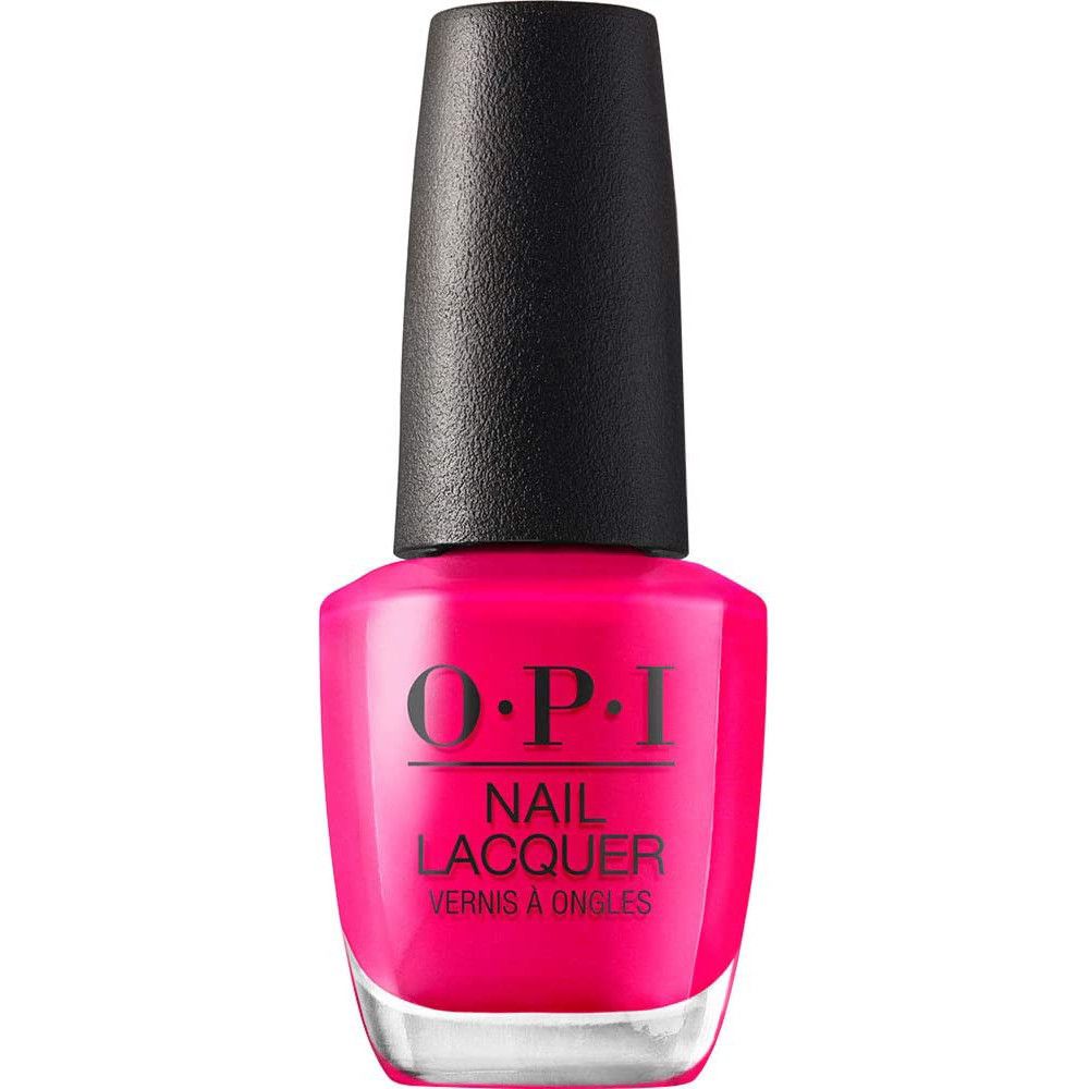OPI Nagellack-Flakon. Pinke Farbe, schwarzer Deckel. Schriftzug: OPI, Nail Lacquer, Vernis à Ongles.