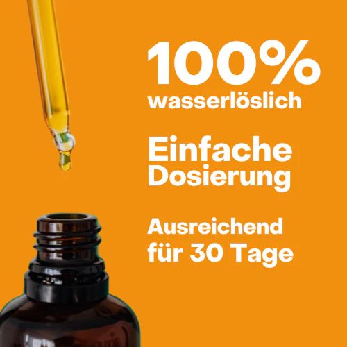 Sanagreen KurQ10 Flasche und Tropfer. Braune Glasflasche, gelber Tropfer. 100% wasserlöslich, einfache Dosierung.