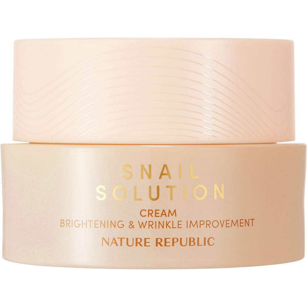 Beige Creme-Dose mit goldfarbenem Schriftzug: Snail Solution Cream. Marke: NATURE REPUBLIC. Text: Brightening & Wrinkle Improvement.