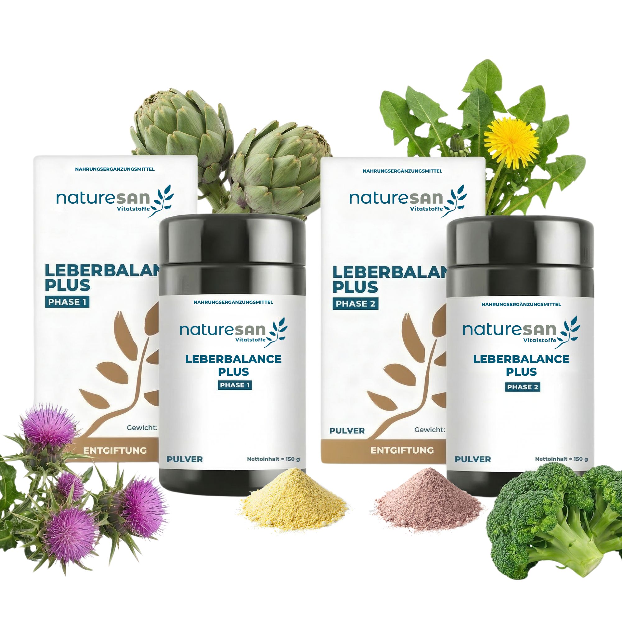 Naturesan Leberbalance Plus Kur: zwei Phasen-Pulverbehälter, Kartons, Artischocken, Disteln, Löwenzahn und Brokkoli.
