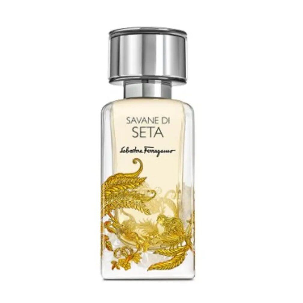 Parfümflakon mit goldfarbenem Dekor und silbernem Verschluss. Aufschrift: Savane Di Seta, Salvatore Ferragamo.