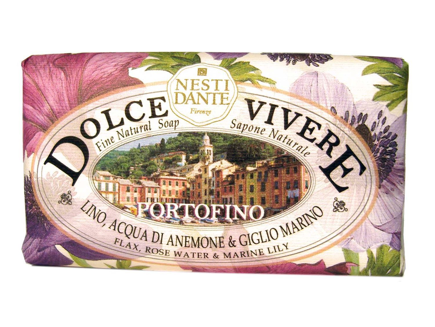Seife mit floralem Design und Text. Aufschrift: DOLCE VIVERE, PORTOFINO, LINO, ACQUA DI ANEMONE & GIGLIO MARINO. Marke: NESTI DANTE.