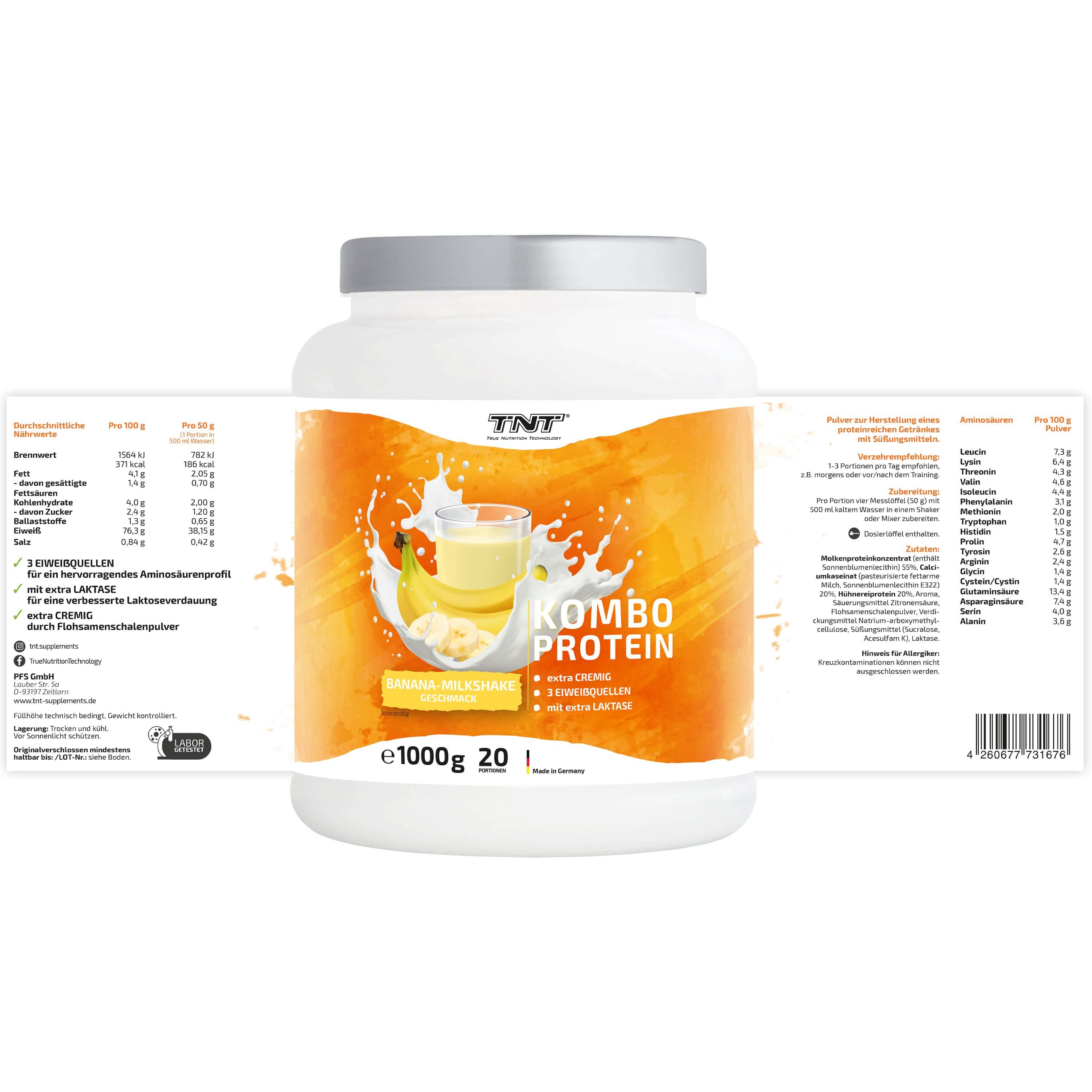 TNT Kombo Protein-Behälter. Bananen-Milchshake-Geschmack. Enthält 1000g. Mit Nährwertangaben und Aminosäurenprofil.