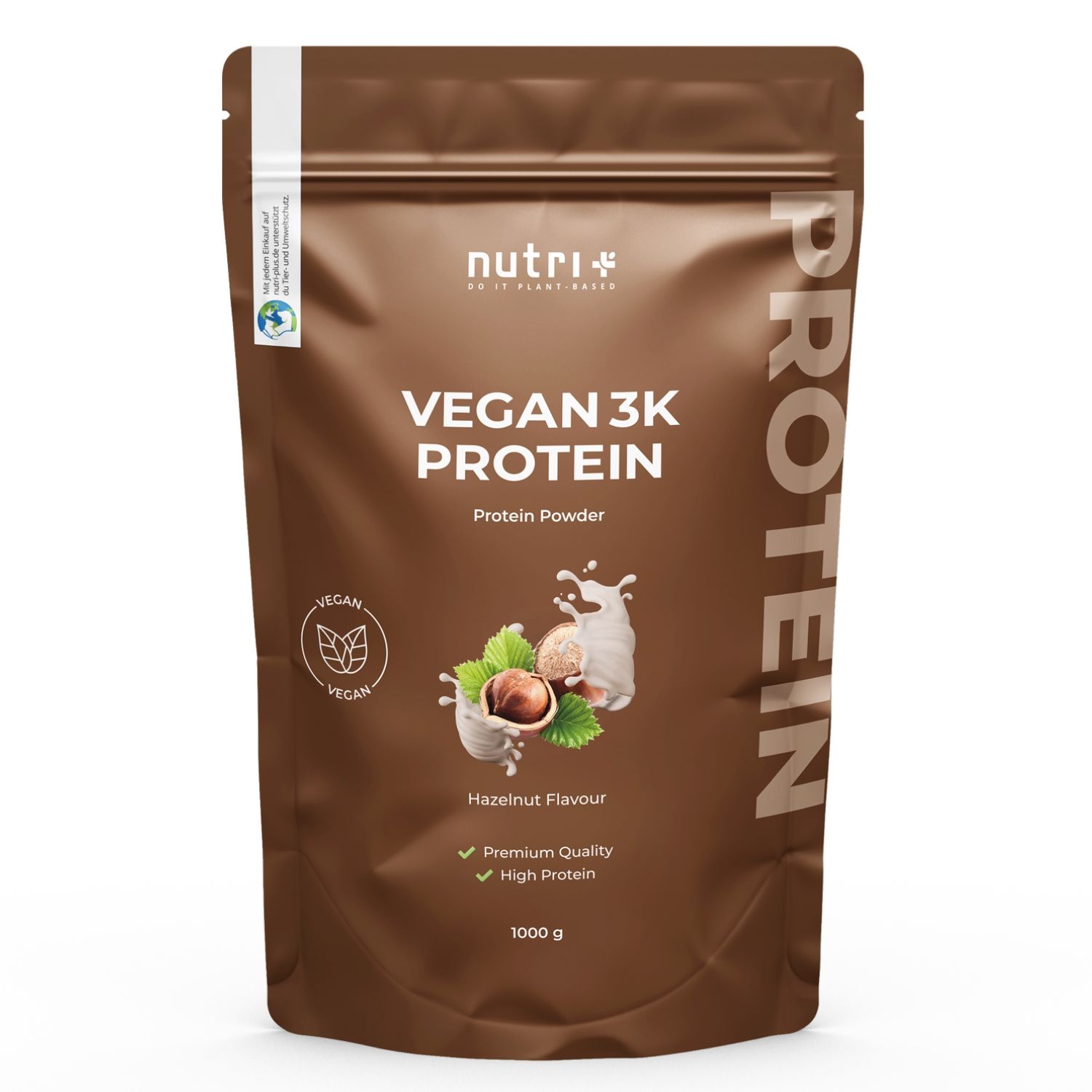 Braune Tüte mit Aufschrift "VEGAN 3K PROTEIN". Haselnuss-Geschmack. Vegan-Siegel. 1000 g.