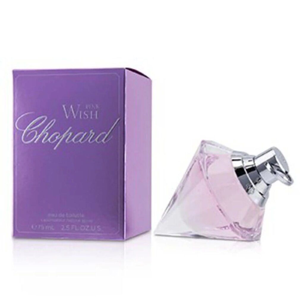 Rosa Parfümflasche und lila Schachtel. Aufschrift "WISH CHOPARD". Flasche diamantförmig.