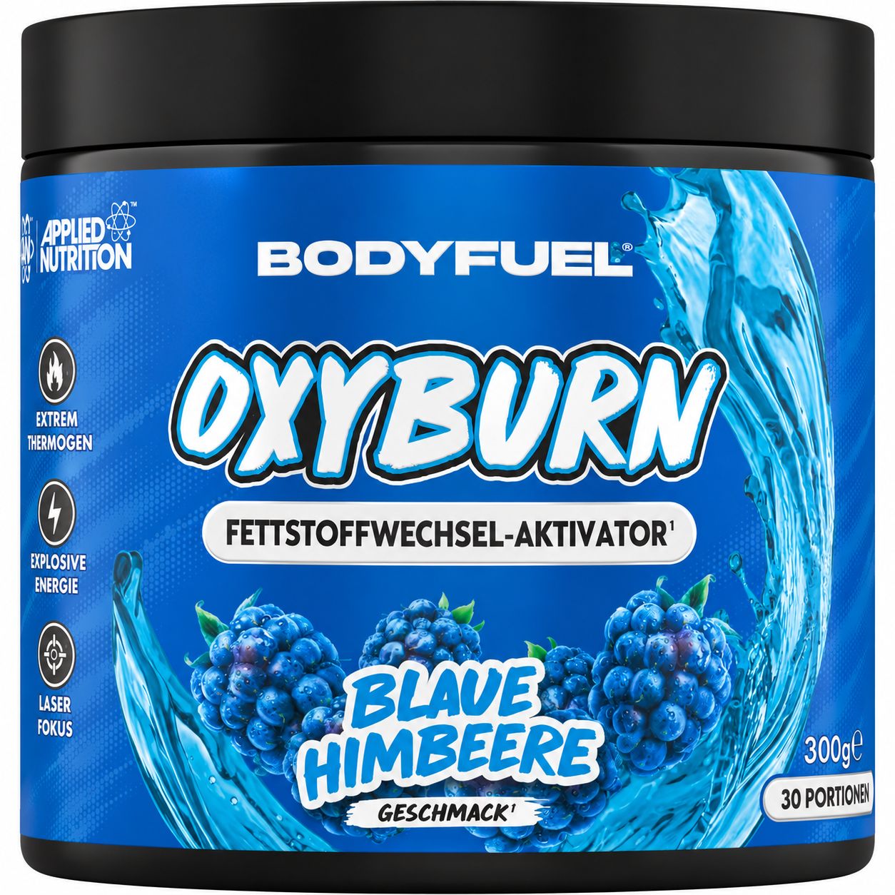Blauer Behälter "Oxyburn" mit Himbeeren. "Fettstoffwechsel-Aktivator", 300g.