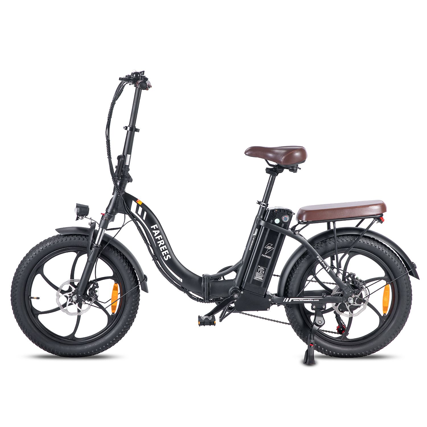 Schwarzes Fafrees F20 Pro E-Bike mit braunem Sattel und Reifen. Sichtbare Details: Marke, Scheinwerfer, Schutzbleche.
