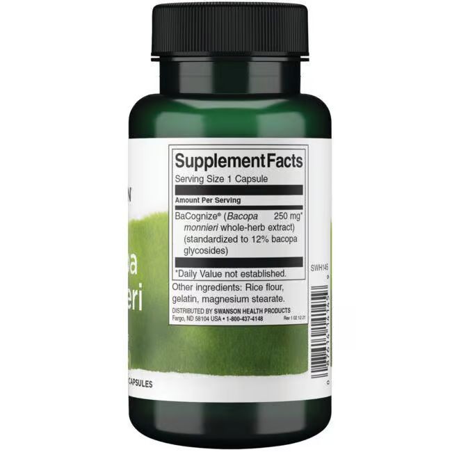 Rückseite der grünen Flasche. Aufschrift: Supplement Facts, BaCognize (Bacopa monnieri) 250 mg. Zutaten: Reismehl, Gelatine, Magnesiumstearat.