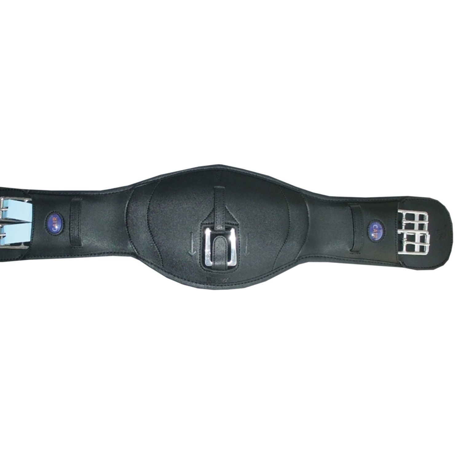 Schwarzer Elastik Kurzgurt mit Schnallen und Metallbeschlägen. Blaue Akzente an den Seiten.