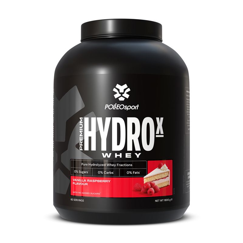 Schwarze Dose mit "HYDROX Whey"-Aufdruck. Roter Streifen mit Produktinformationen und Kuchen- sowie Himbeer-Abbildung. Marke: PolleoSport.