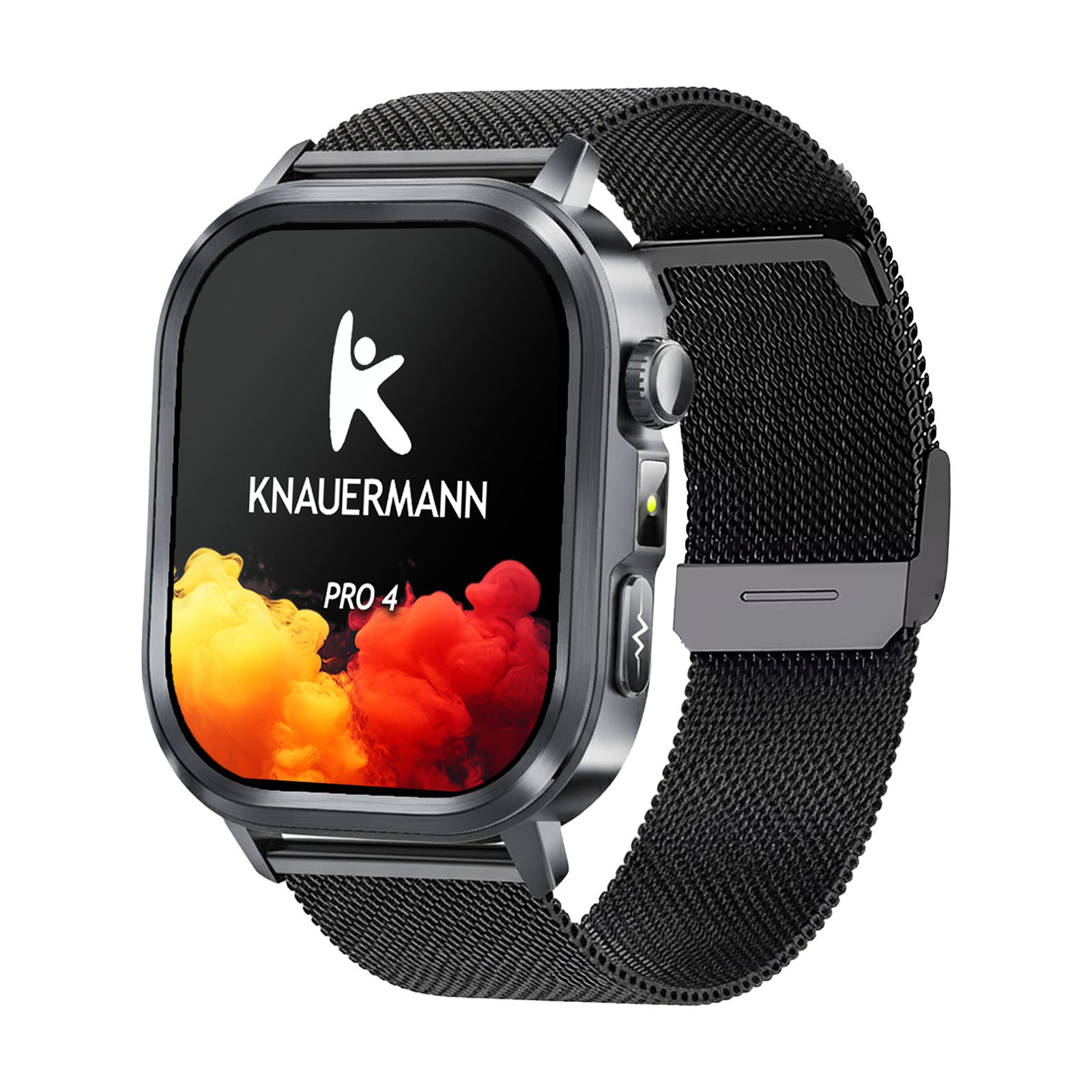 Smartwatch mit schwarzem Metallarmband. Display mit Logo und Schriftzug Knauermann PRO 4. Seitliche Knöpfe.