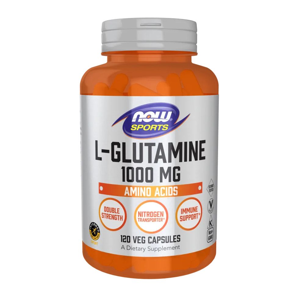 Eine Flasche mit L-Glutamin-Kapseln. Aufschrift: NOW SPORTS, L-Glutamin 1000 mg, Aminosäuren, 120 Veggie-Kapseln.