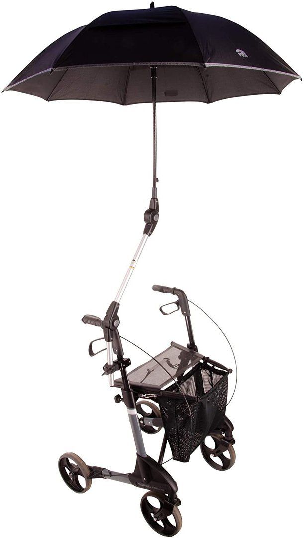 Rollator mit Sonnenschirm. Schwarzer Schirm, silberfarbener Stiel, schwarzer Rollator mit Korb und Rädern.