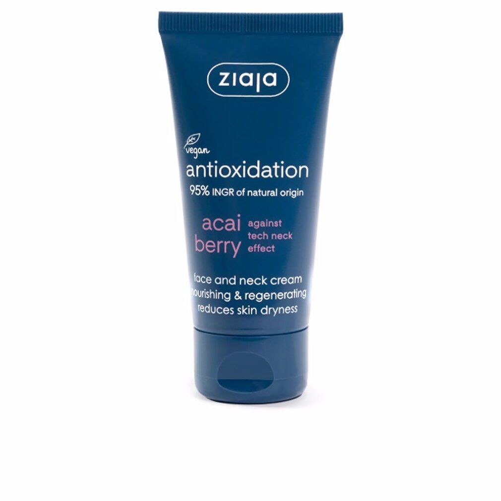 Ziaja-Tube. Blaue Tube mit Text: Antioxidationsmittel, Acai Berry, Gesichts- und Nackencrème. Logo: Ziaja. Vegan-Logo.