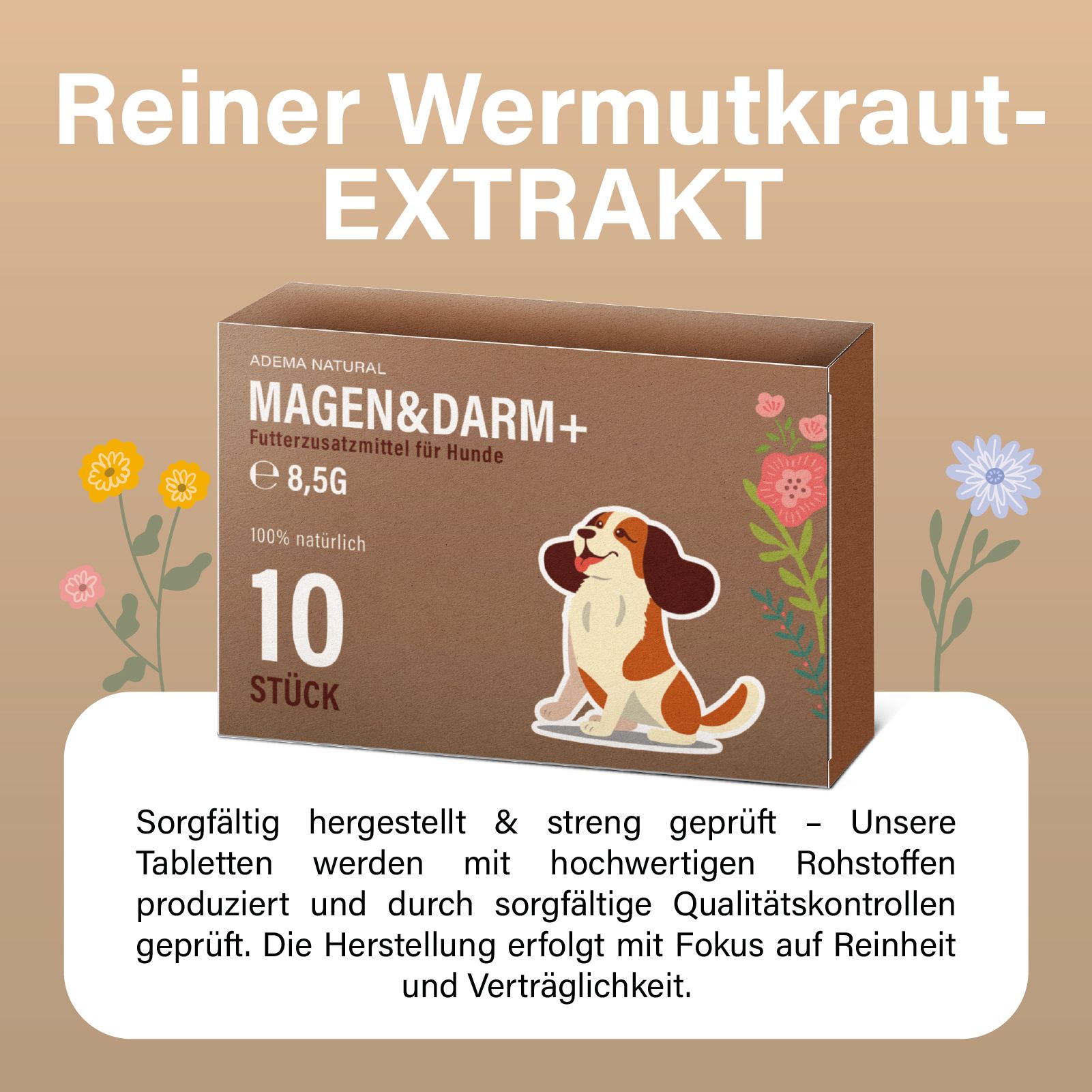 Werbebild mit Schachtel 'Magen&Darm+'. Text: 'Reiner Wermutkraut-Extrakt'. Text über Herstellung und Qualität.