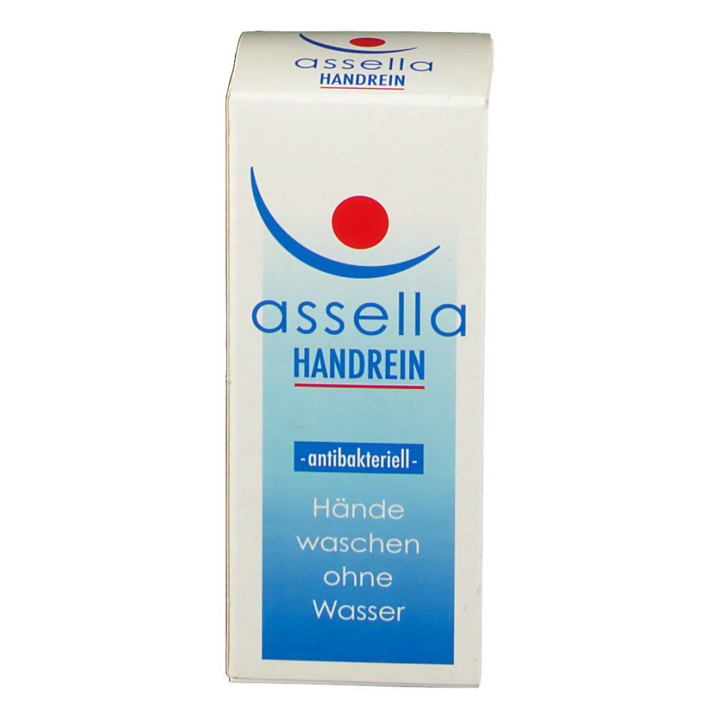 Weiße Schachtel mit blauem Logo und rotem Punkt. Text: assella HANDREIN, -antibakteriell-, Hände waschen ohne Wasser.