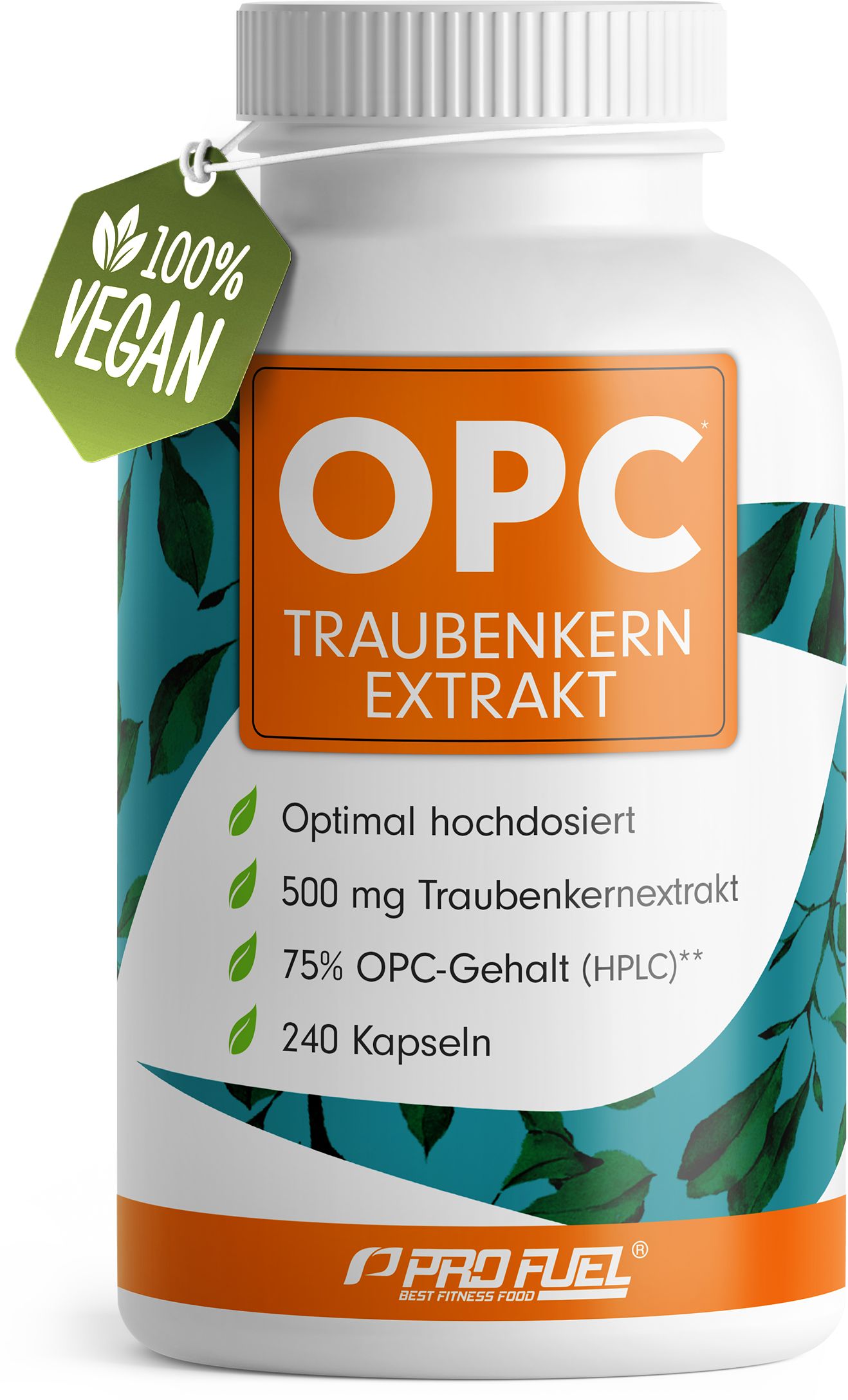 Weiße Flasche mit OPC Traubenkernextrakt-Kapseln. Aufkleber mit Text und 100% Vegan-Siegel. Grün-weiße Blätter-Dekoration.