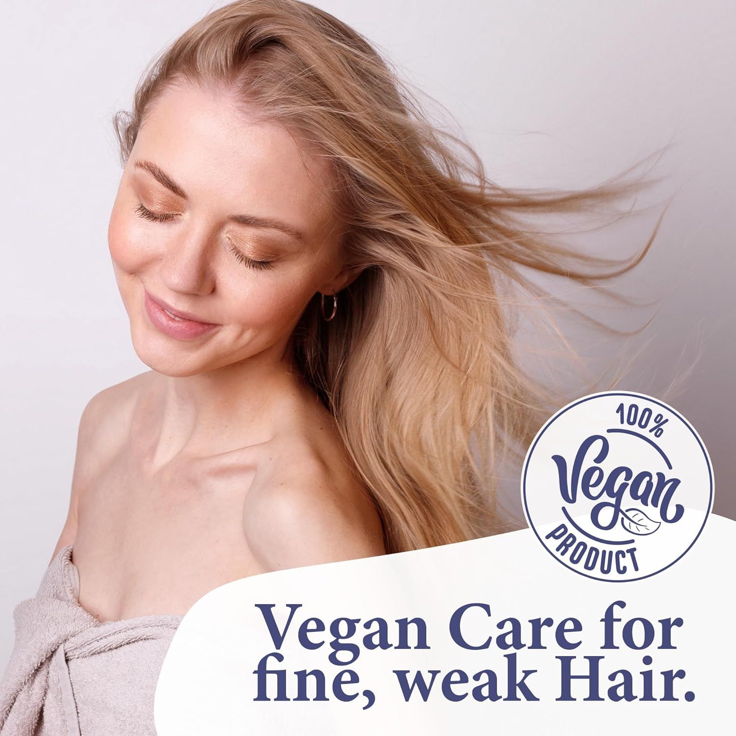 Frau mit blondem Haar. Text: Vegan Care für feines, schwaches Haar. Logo: 100% Vegan Product.