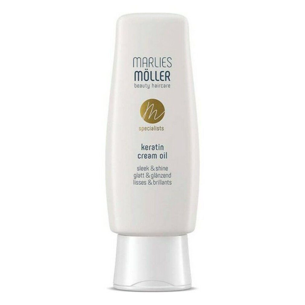 Weiße Flasche mit Produkt. Aufschrift: Marlies Möller, Keratin Cream Oil. Text in Deutsch, Englisch und Französisch.