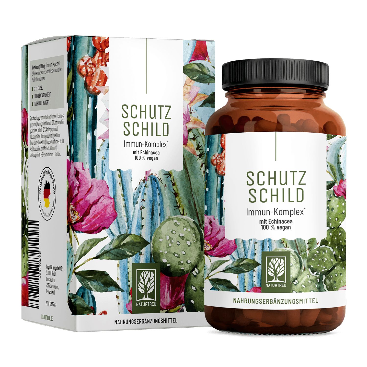 Flasche und Karton mit Kaktus-Design für Immunsystem Komplex.