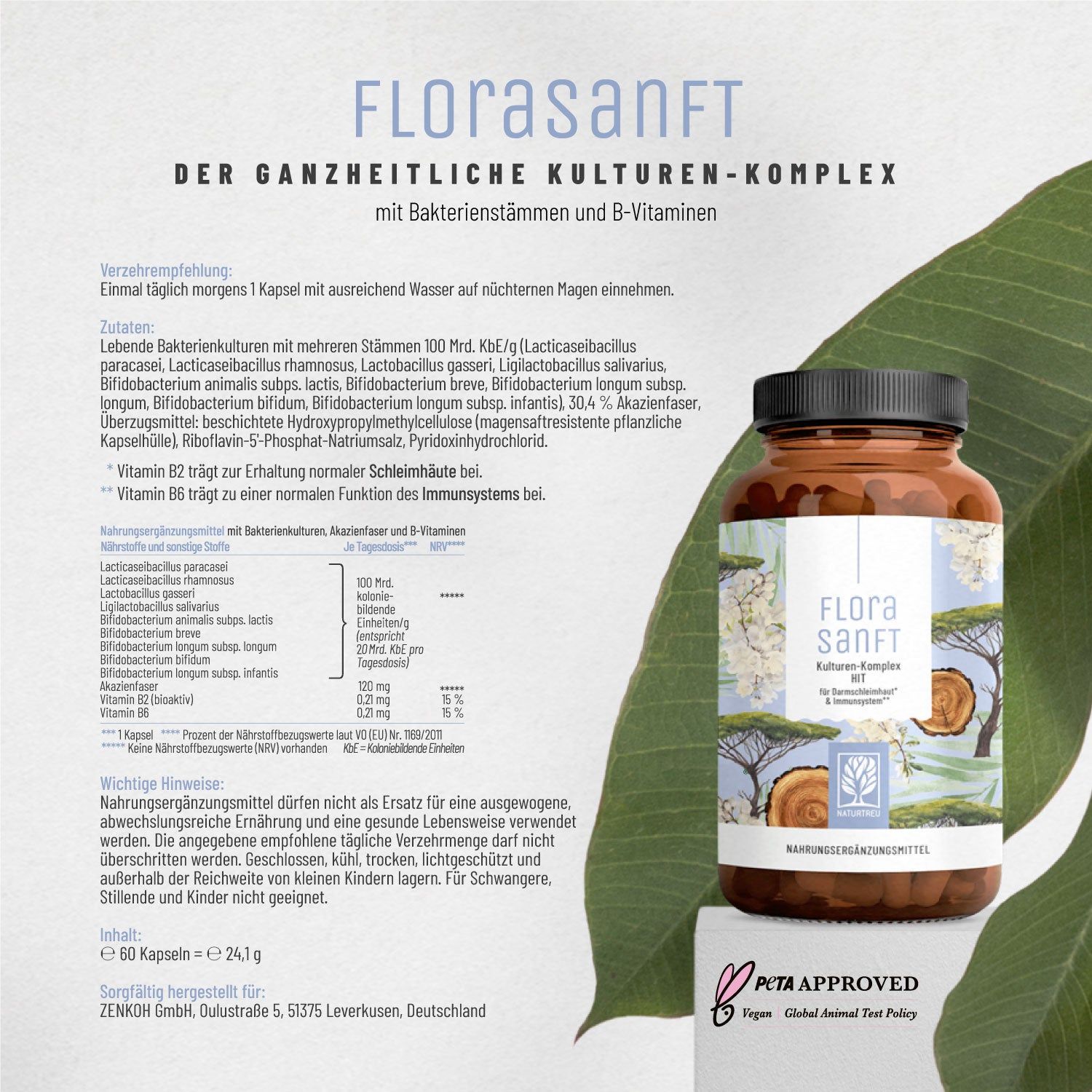 Braune Pillendose FLORASANFT mit schwarzem Deckel. Inhaltsstoffe, Dosierung, PETA-Logo.