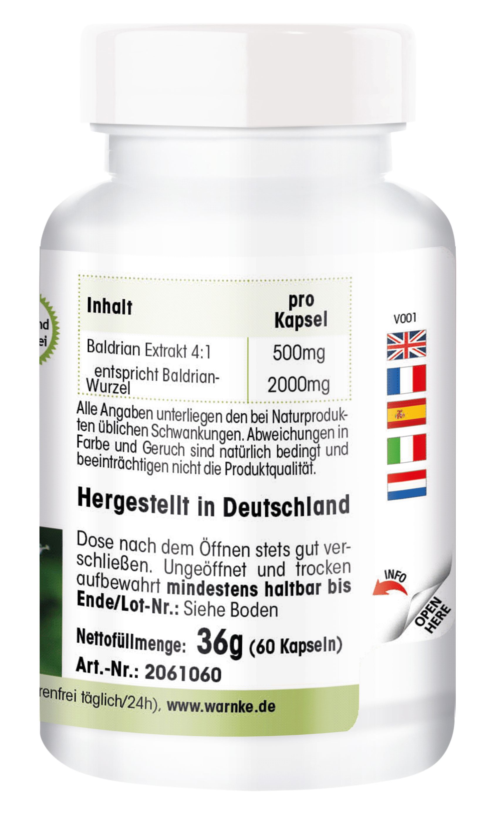 Rückseite einer weißen Flasche mit Kapseln. Text: Inhalt, pro Kapsel, 36g (60 Kapseln). Hergestellt in Deutschland.