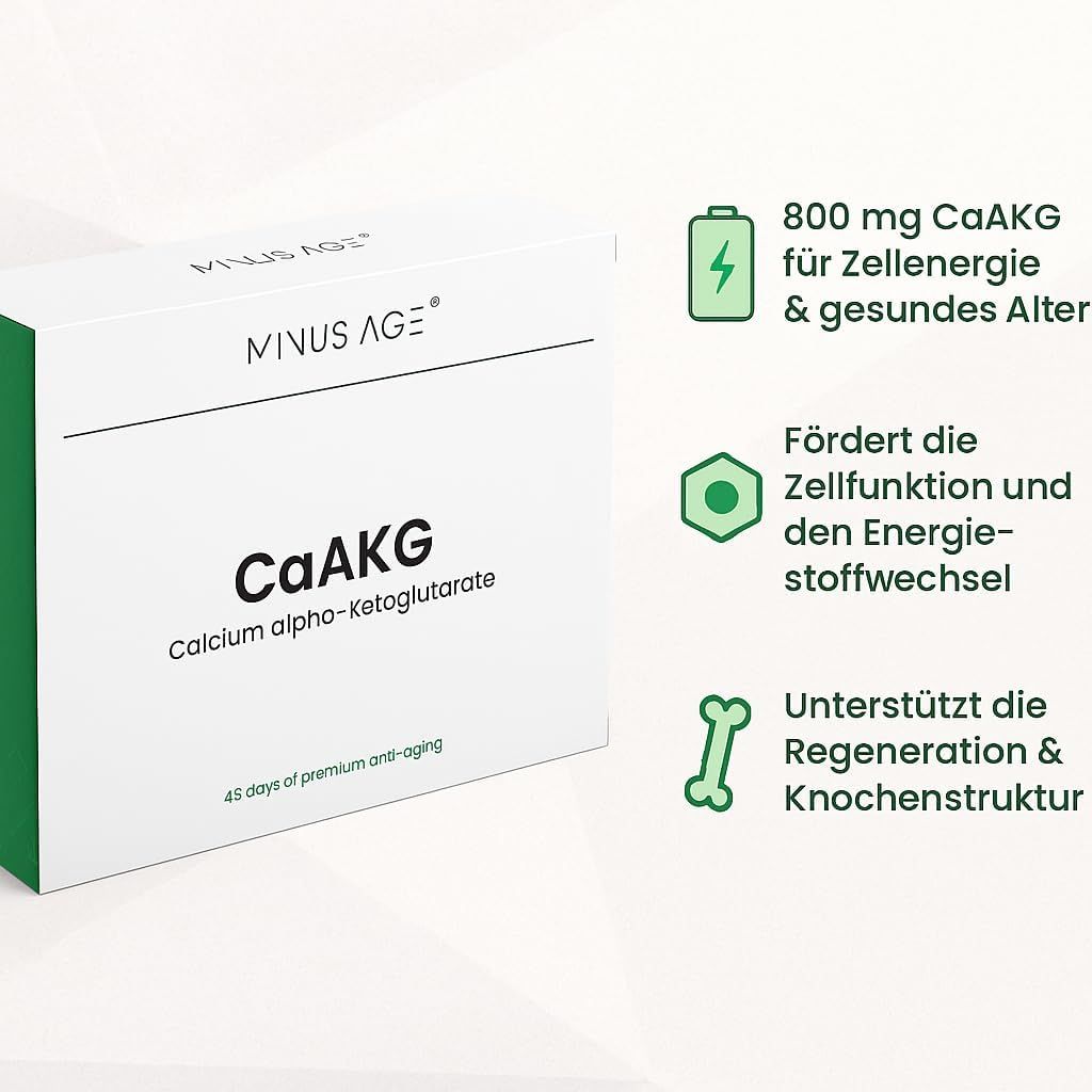 Weiße Packung Minus Age CaAKG. Text: 800 mg CaAKG für Zellenergie. Fördert Zellfunktion. Unterstützt Regeneration & Knochenstruktur.