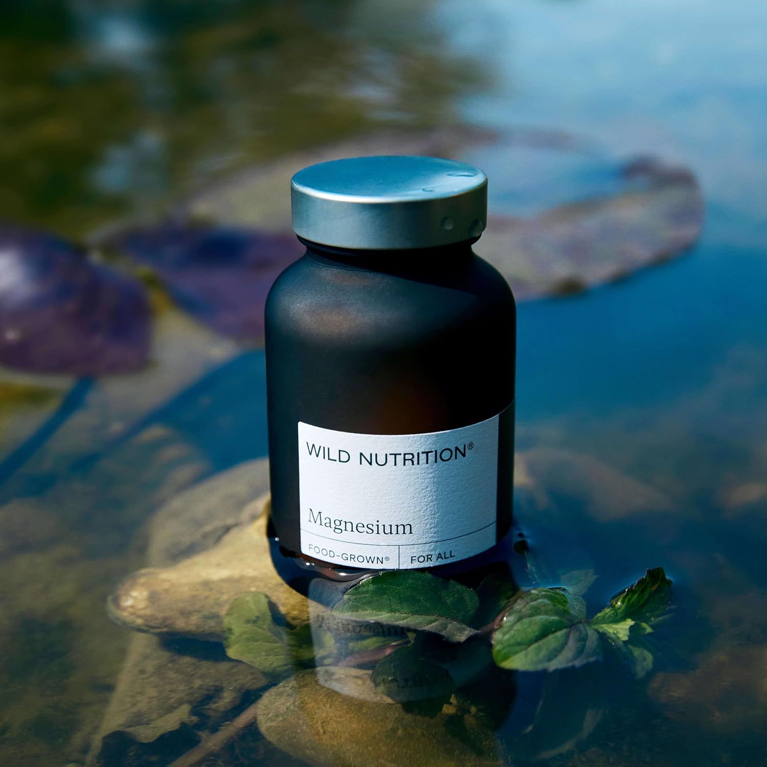 Wild Nutrition Magnesium Flasche im Wasser auf Steinen und Blättern.