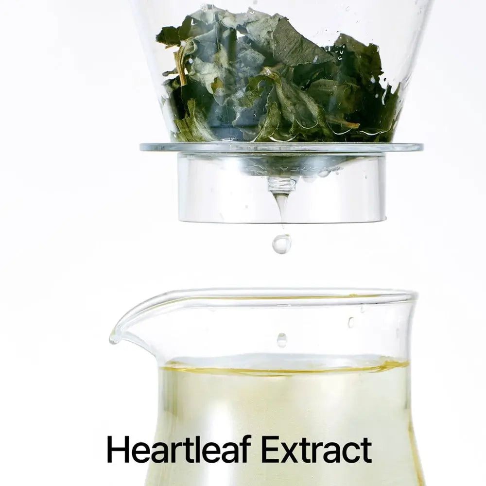 Klarflüssigkeit in einem Glasbehälter. Darüber ein Behälter mit Blättern. Aufschrift: Heartleaf Extract.