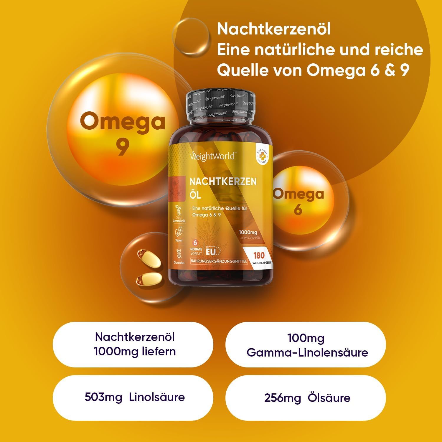 Gelber Hintergrund mit Abbildungen von Omega 6 & 9. Flasche WeightWorld Nachtkerzenöl, 180 Kapseln. Angaben zu Inhaltsstoffen: 1000mg, 100mg, 503mg, 256mg.