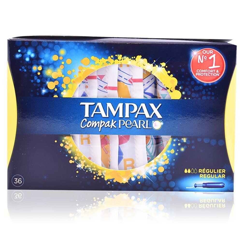 Verpackung von Tampax Compak Pearl. Enthält 36 Stück. Aufschrift: Regular. Mit dem Logo "Our No. 1 Comfort & Protection".