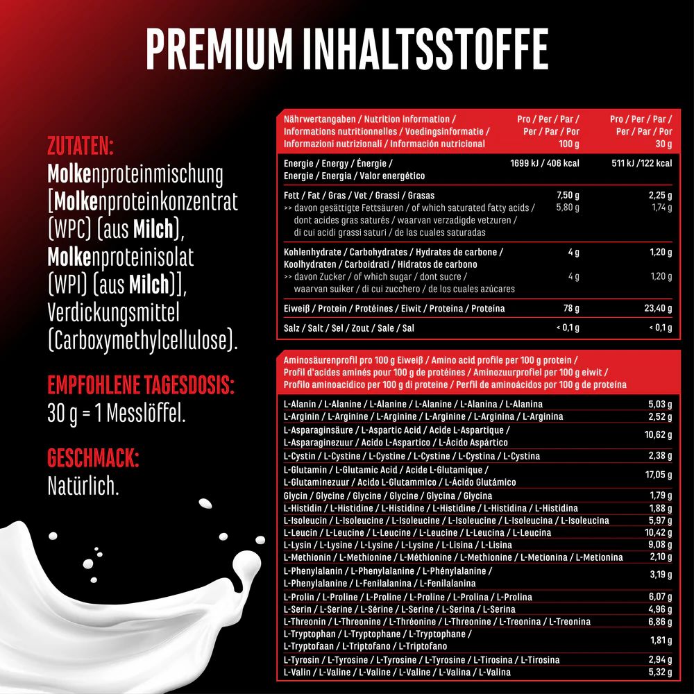 Nährwertinformationen von GEN Whey Protein Komplex. Tabelle mit Inhaltsstoffen, Nährwerten pro Portion und pro 100g. Aminosäureprofil.