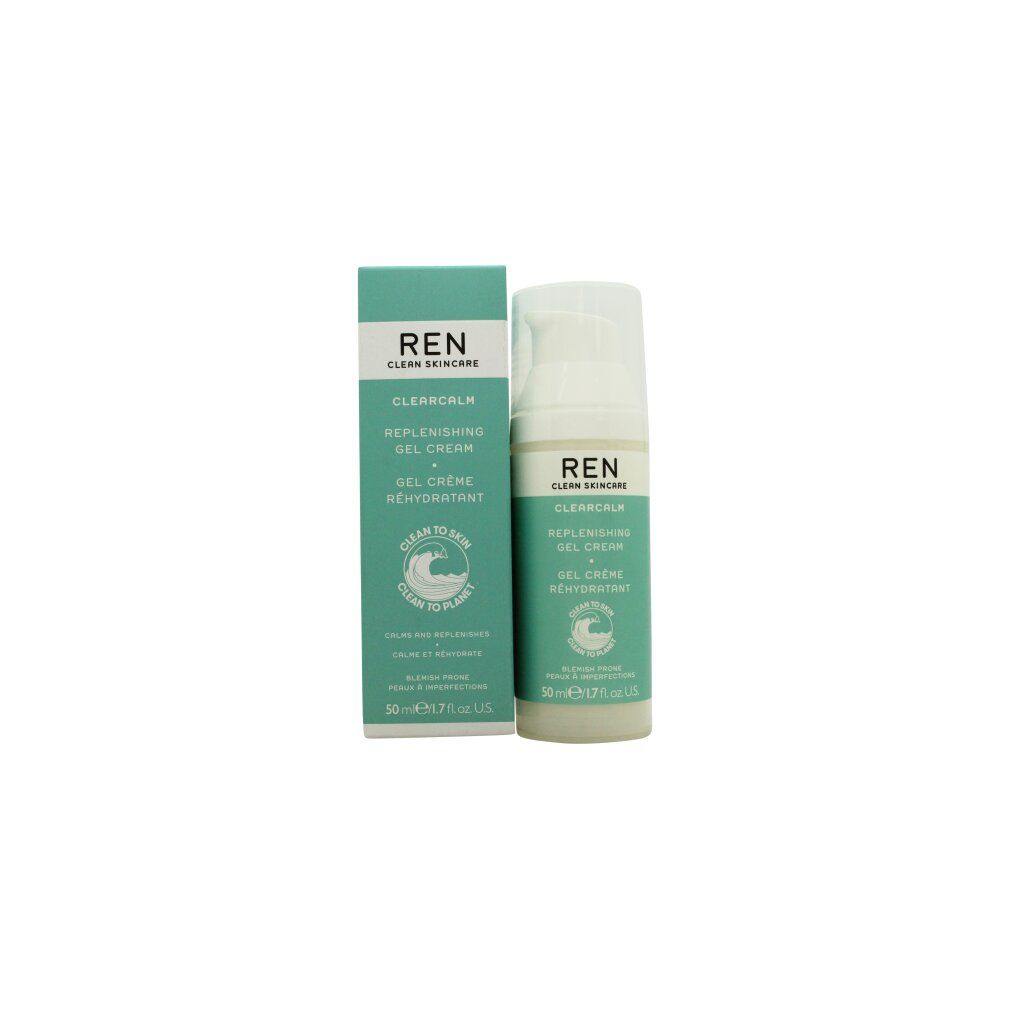 Creme-Spender und Schachtel. Aufschrift: REN Clean Skincare, Clearcalm, Replenishing Gel Cream, Gel Crème Réhydratant.