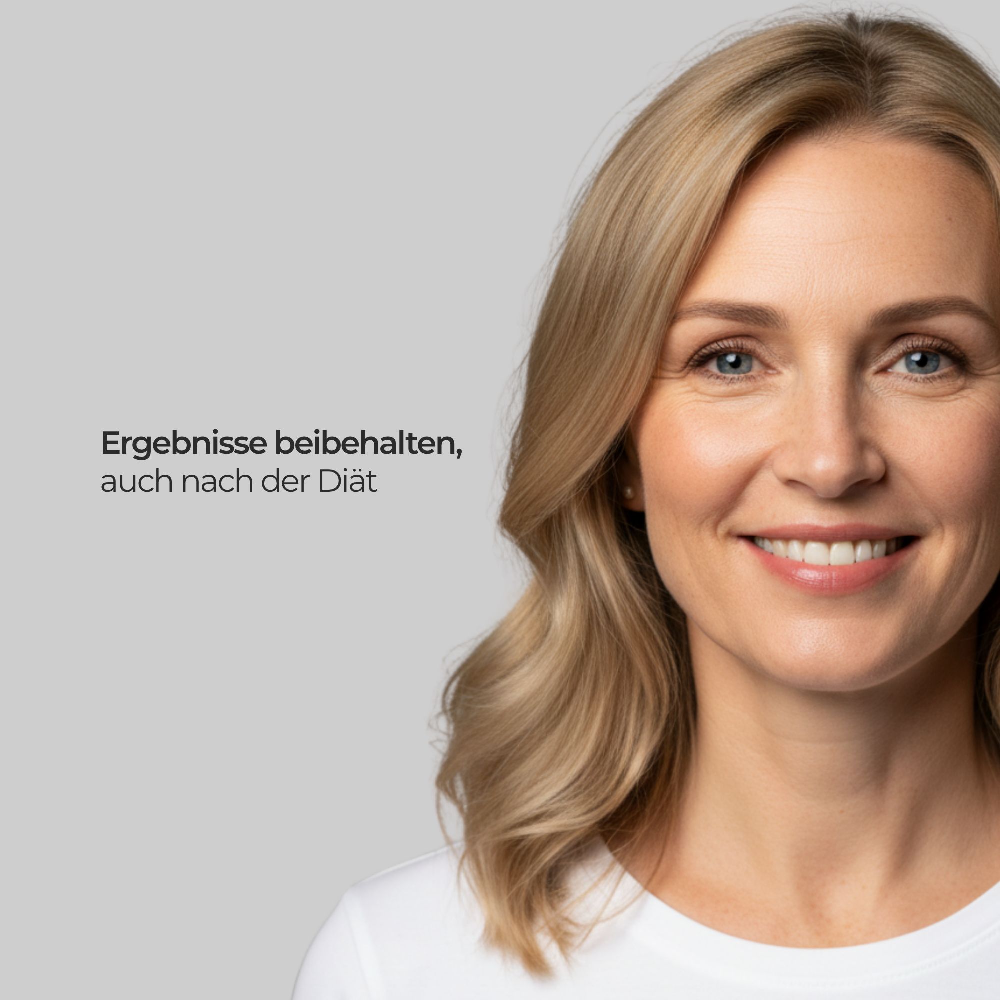 Porträt einer lächelnden Frau mit blonden Haaren. Text: Ergebnisse beibehalten, auch nach der Diät.