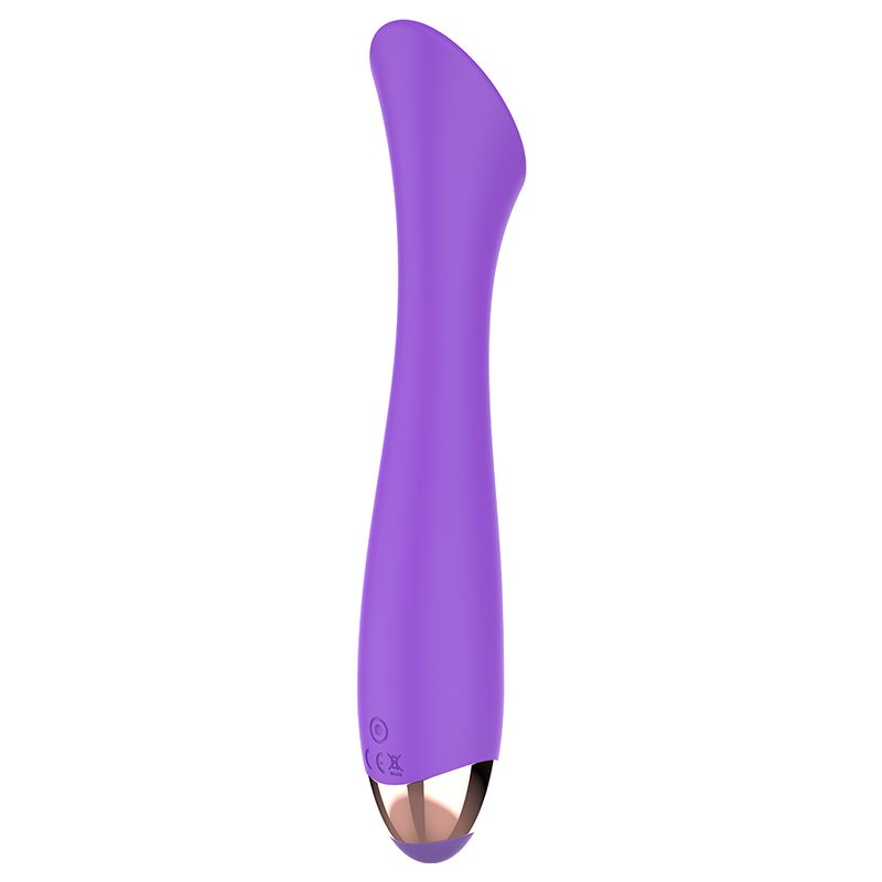 Lila Vibrator aus Silikon. Geschwungene Form, goldfarbene Spitze. Glatte Oberfläche.