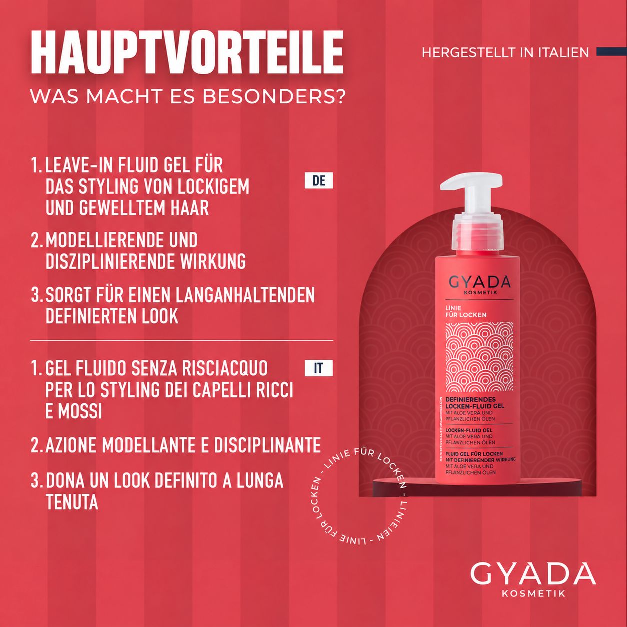 Rote Flasche GYADA COSMETICS mit Anwendungshinweisen für Locken.