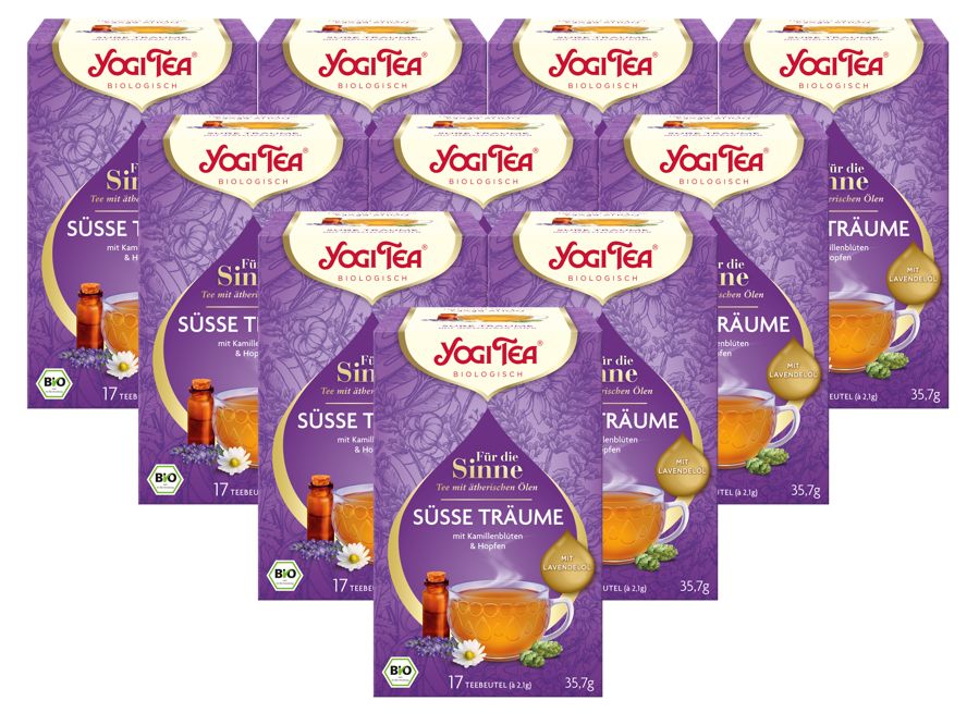 Mehrere Packungen Yogi Tea Süsse Träume. Lila Verpackung mit Logo und Produktbezeichnung. Bio-Siegel.