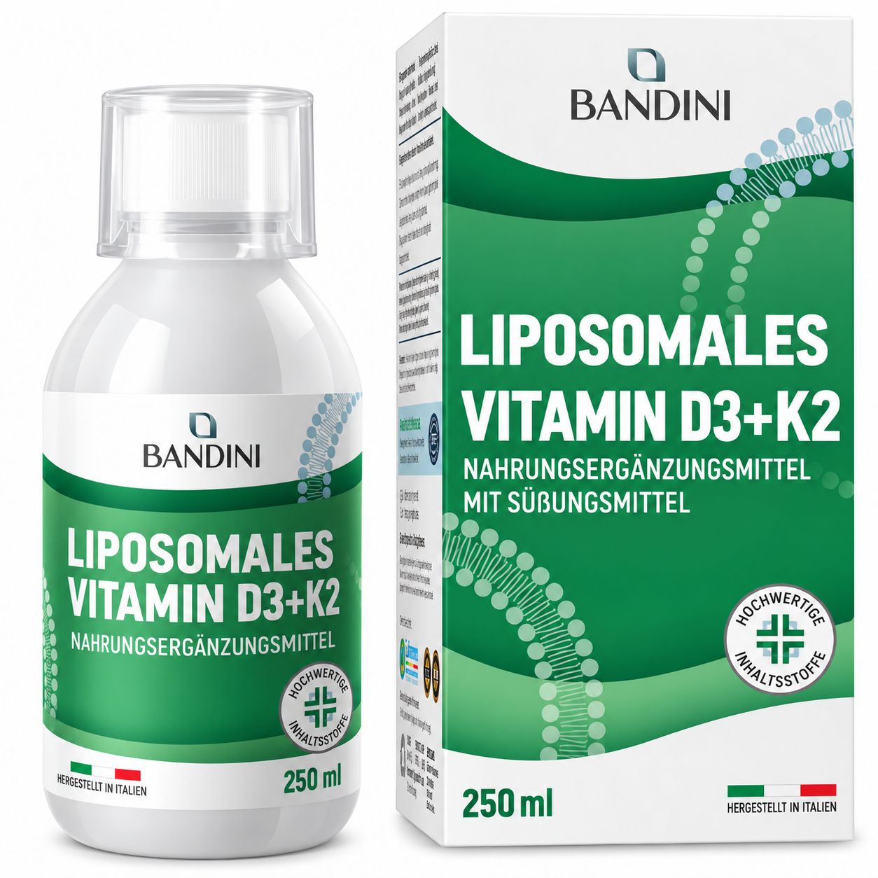 Flasche Bandini Liposomales Vitamin D3+K2, 250 ml. Nahrungsergänzungsmittel mit Süßungsmittel. Hergestellt in Italien.