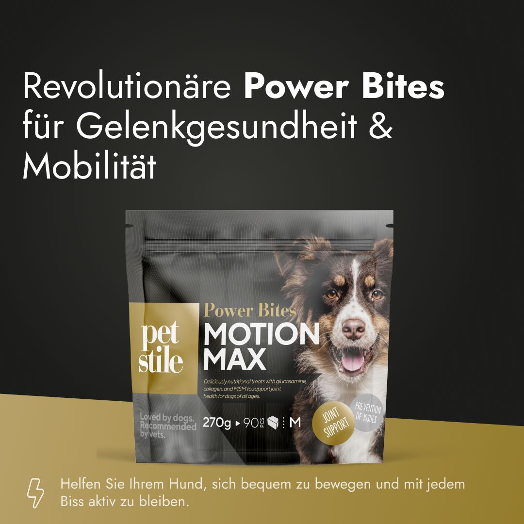 Verpackung von Power Bites Motion Max. Enthält 270g, Größe M. Mit Hundefoto und Text: Gelenkgesundheit & Mobilität.